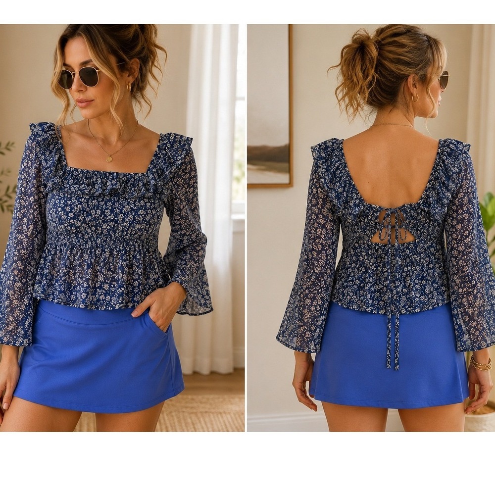 Maeve Anthropologie Blue Floral Smocked Blouse Bell Sleeve Square Neck Medium